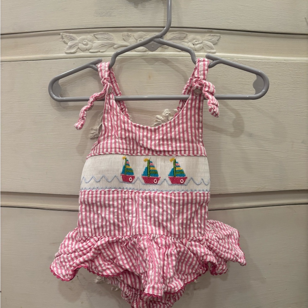 Hand smocked Pink seersucker Striped Kids Swim One Piece 18 months